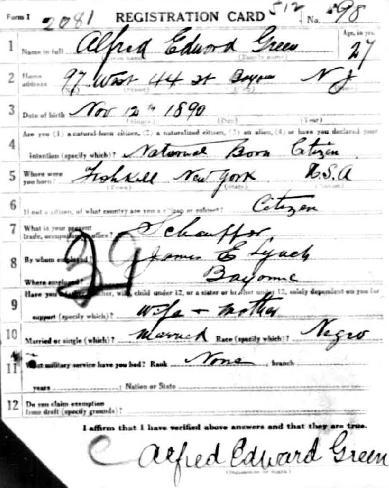 Alfred E. Green World War I draft card, front