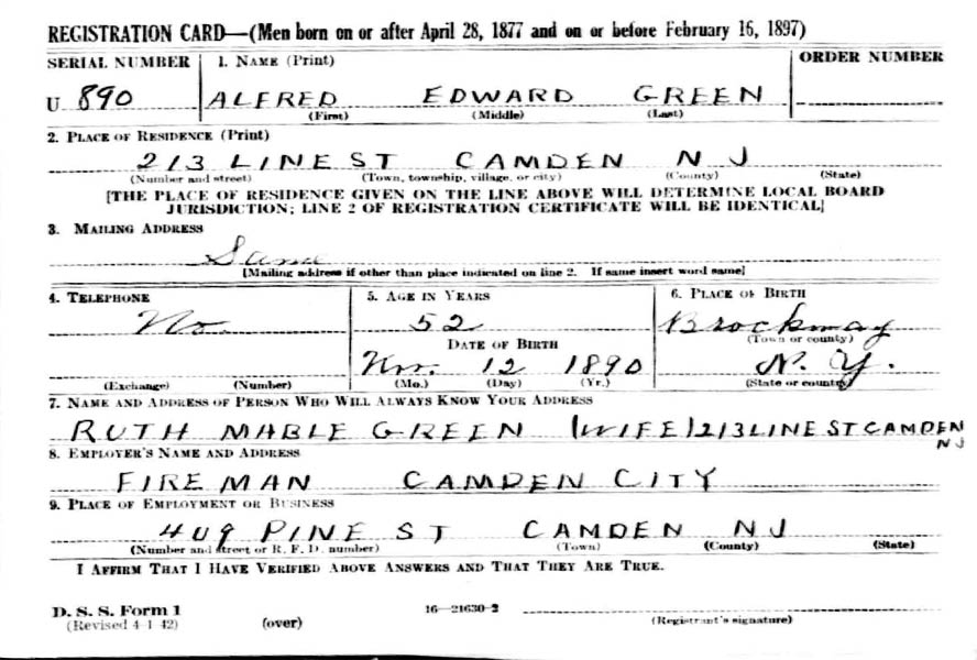 Alfred E. Green World War II draft card