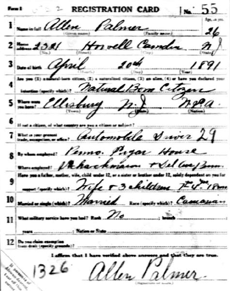 Allen Palmer WWI Draft Card front