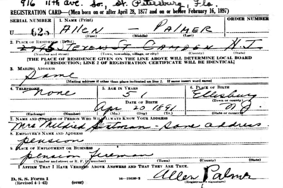 Allen Palmer World War II Draft Card