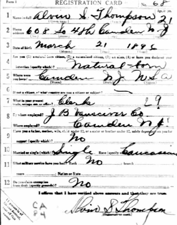 Alvin S. Thompson World War I Draft Card front
