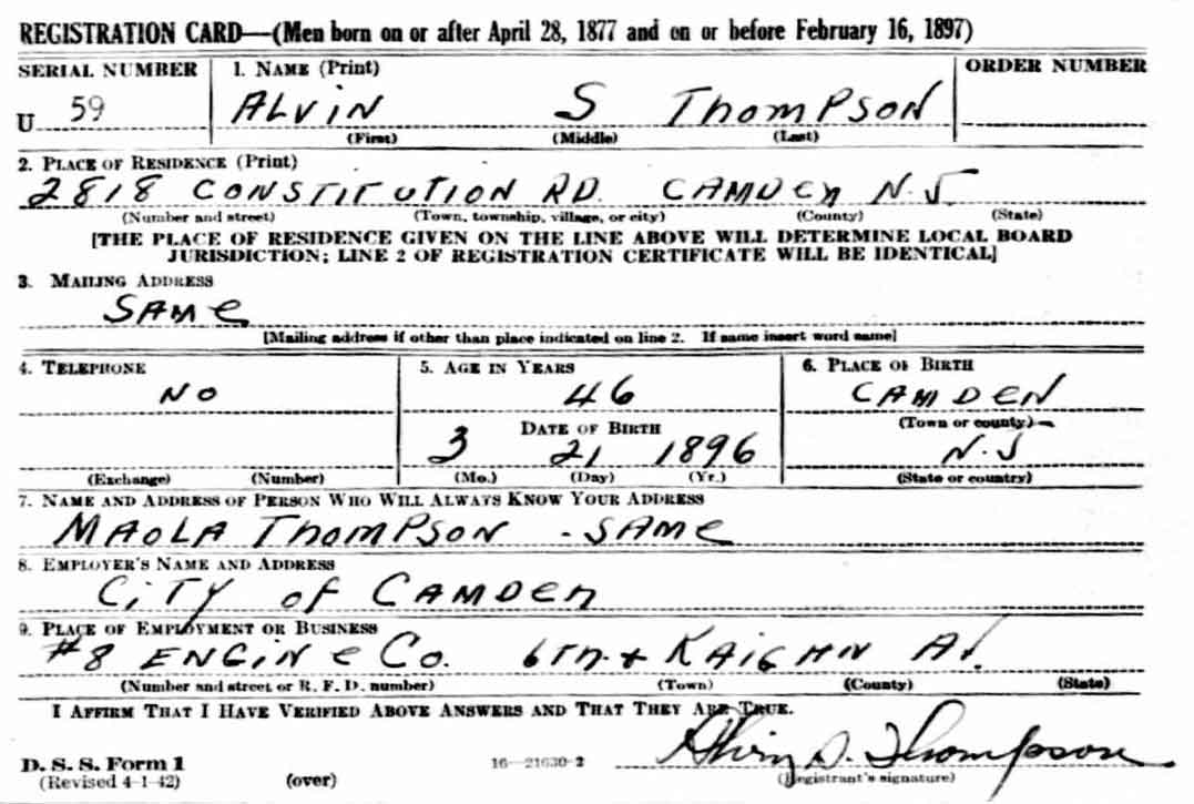 Alvin S. Thompson World War II Draft Card