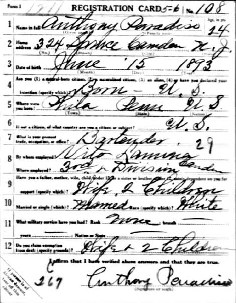 Anthony Paradise World War I draft registration card, front