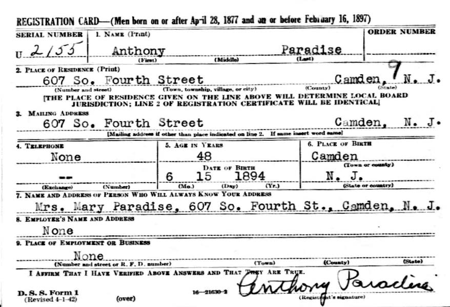Anthony Paradise World War II draft registration card