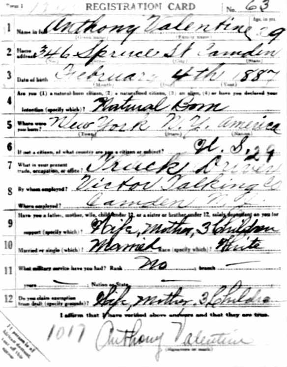 Anthony Valentine WWI Draft Card (front)
