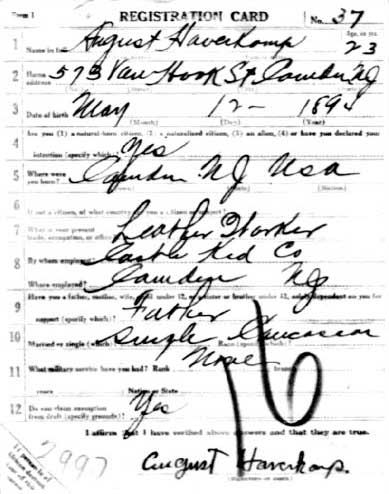 August F. Haverkamp WWI Draft Registration Card, front