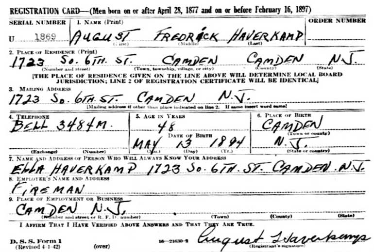 August F. Haverkamp WWII Draft Registration Card