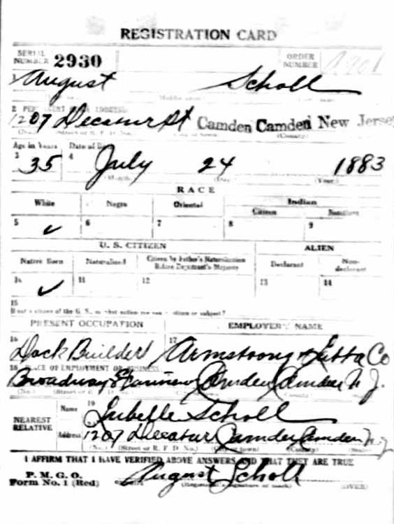 August Scholl World War I Draft Card, front