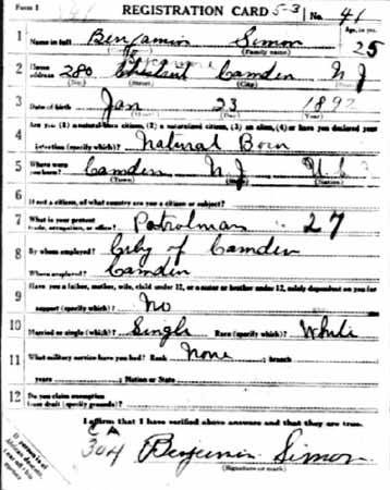 Benjamin Simon World War I draft card, front