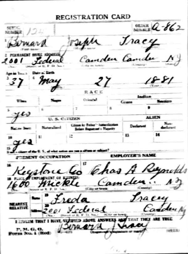 WWI draft registration card for Bernard J. Tracy, front