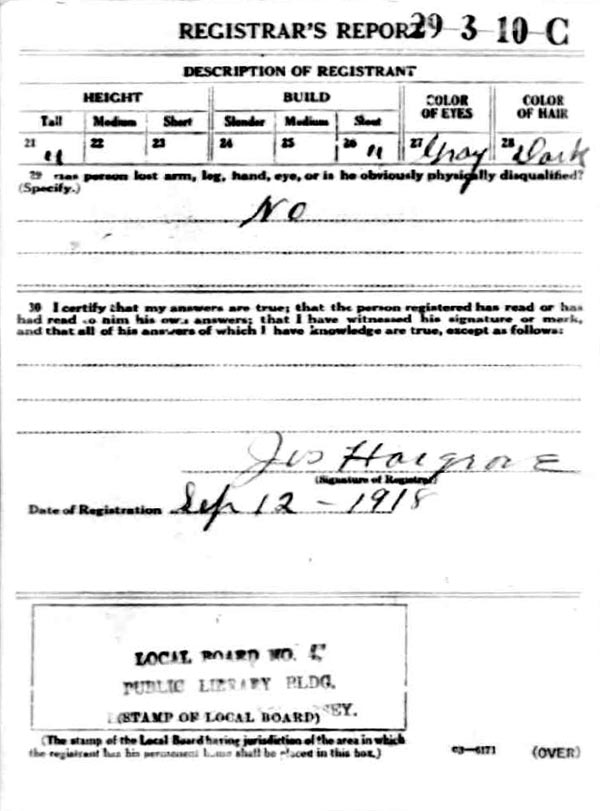 WWI draft registration card for Bernard J. Tracy, back