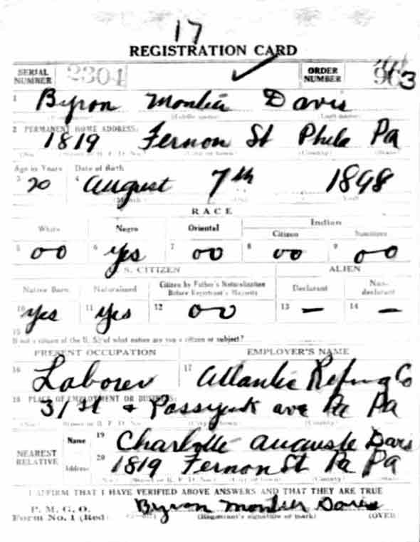 World War I draft registration card for Byron M. Davis, front