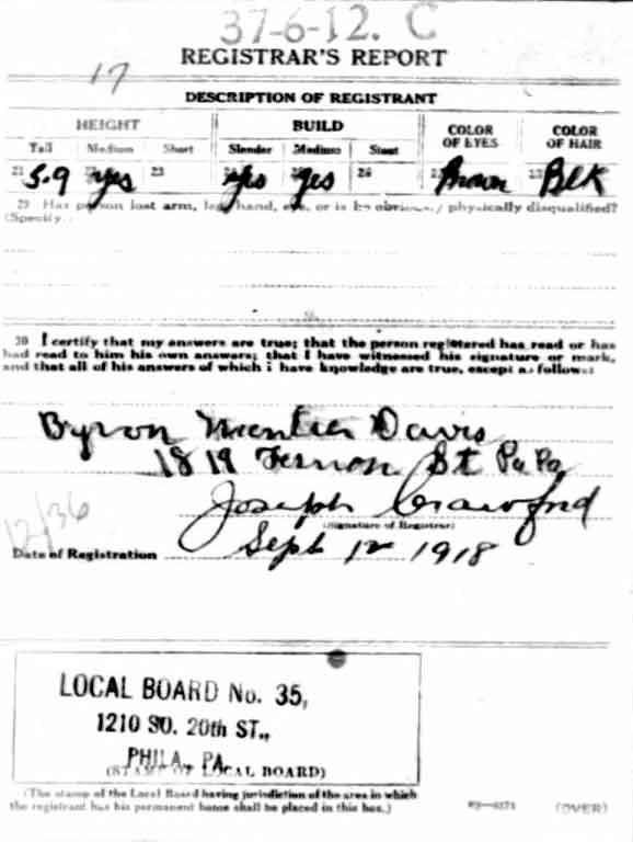 World War I draft registration card for Byron M. Davis, back