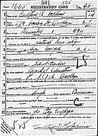 World War I draft card for Carleton R. Hopkins, front