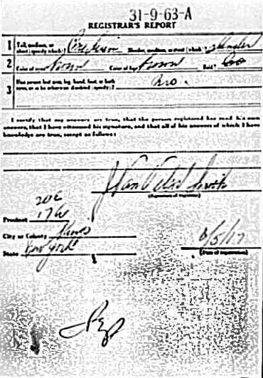 World War I draft card for Carleton R. Hopkins, back