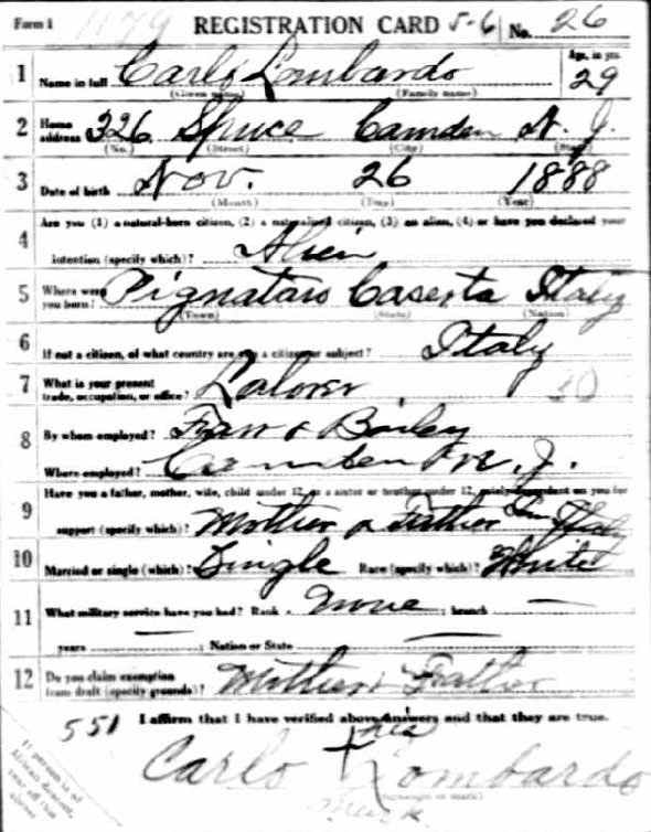 World War I draft registration card for Carlo Lombardo, front