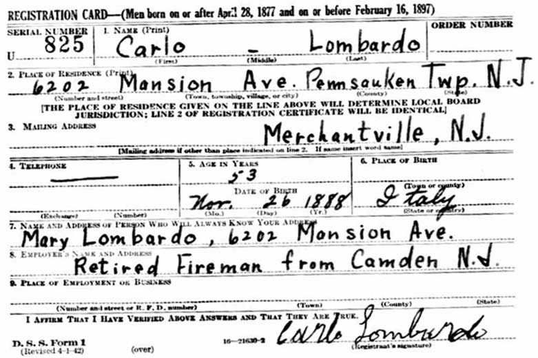 World War II draft registration card for Carlo Lombardo