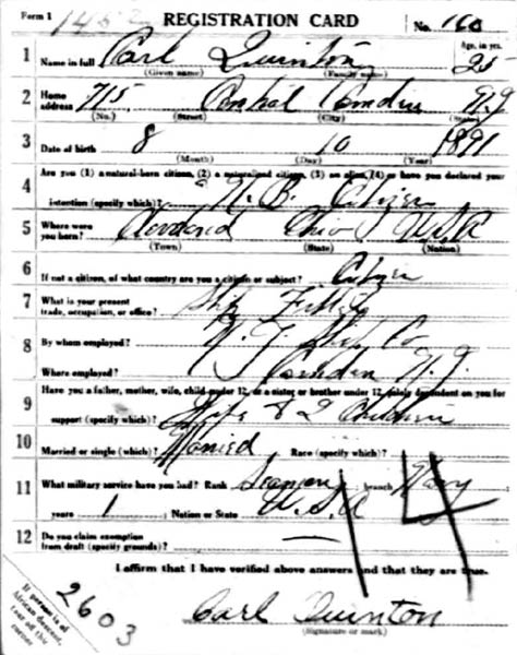 Carl Quinton WWI Draft Card, page 1
