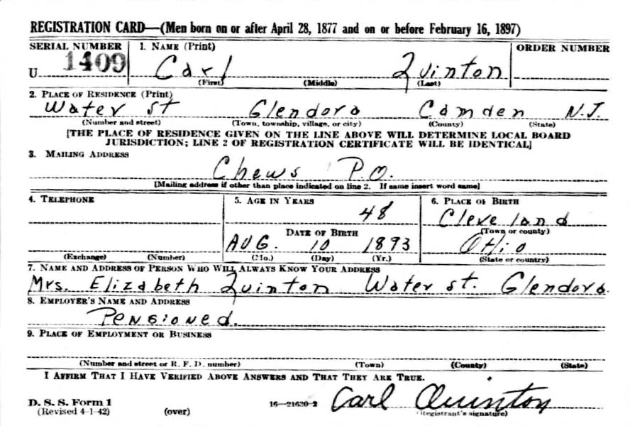 Carl Quinton WWII Draft Card