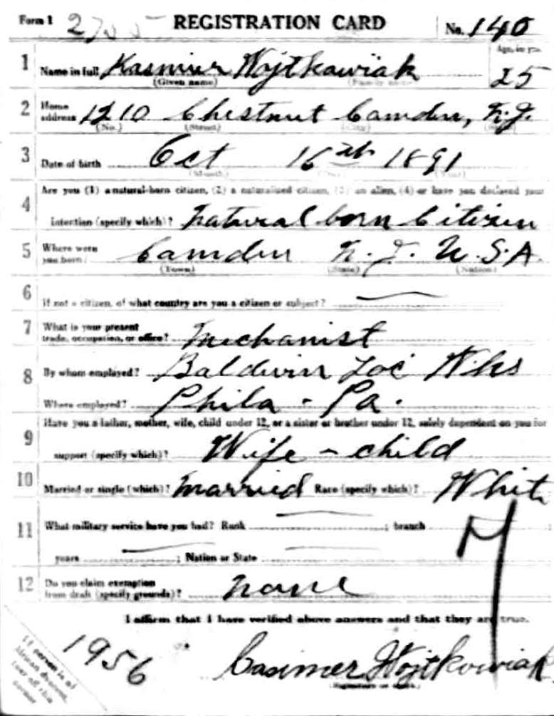 Casimir Wojtkowiak World War I Draft Registration Card, front