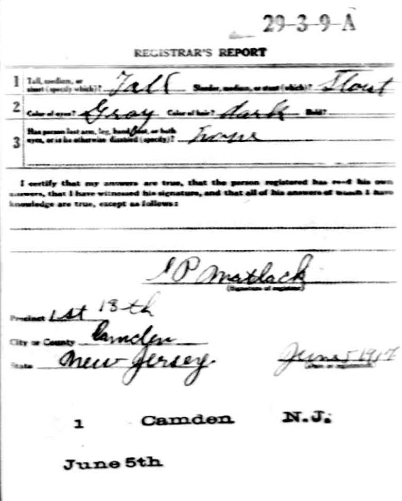 Casimir Wojtkowiak World War I Draft Registration Card, back