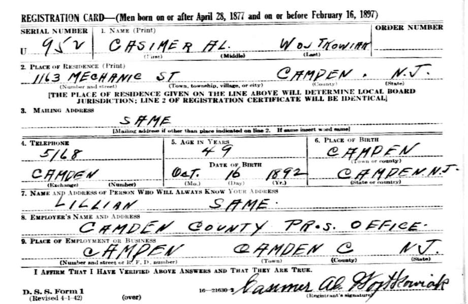 Casimir Wojtkowiak World War II Draft Registration Card