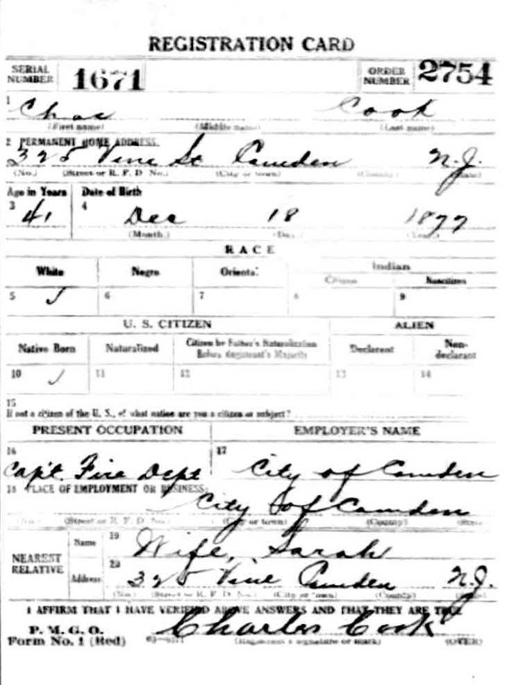 Charles Cook WWI draft card, front