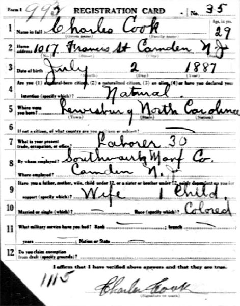 Charles W. Cooke World War I Draft Card (front)