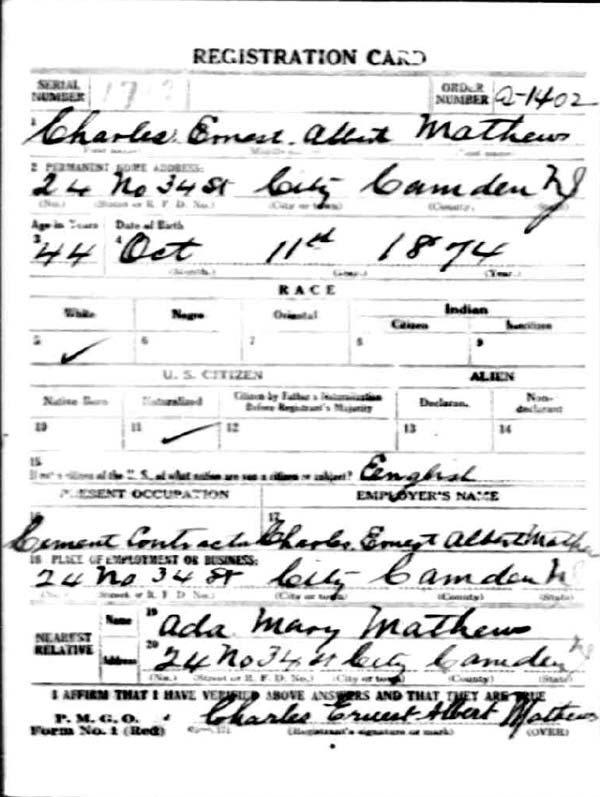 World War I draft registration card for Charles E.A. Mathews, front