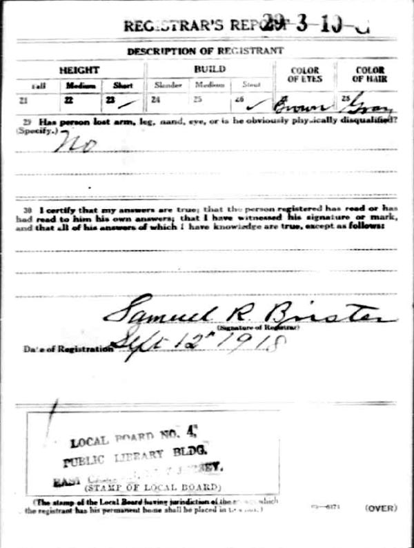 World War I draft registration card for Charles E.A. Mathews, back