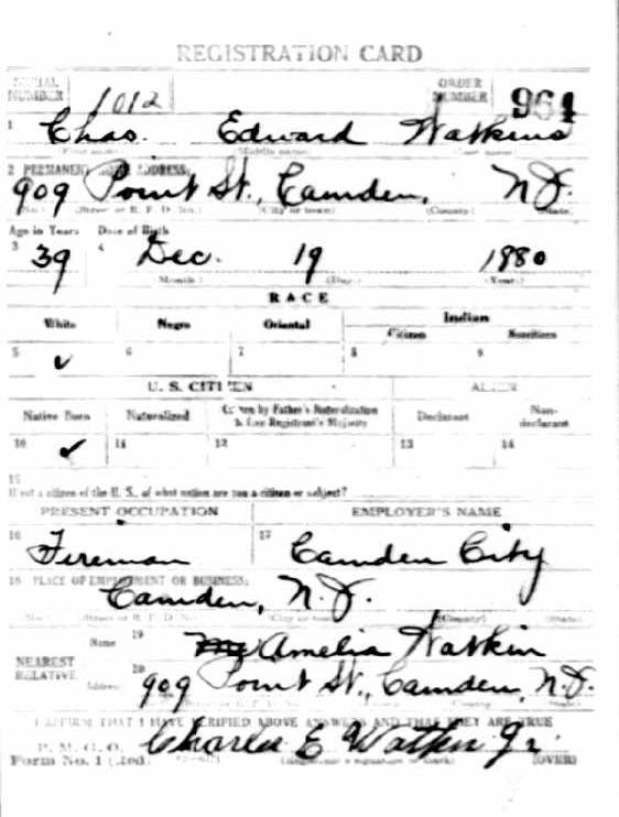 Charles E. Watkin World War I Draft Card, front