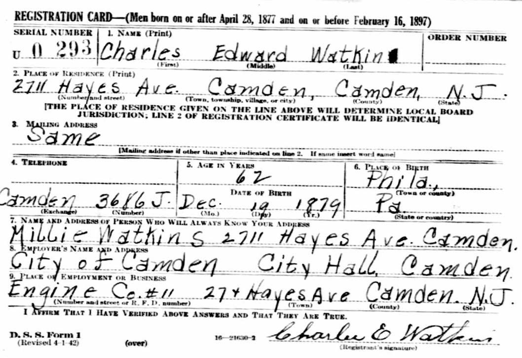 Charles E. Watkin World War II Draft Card
