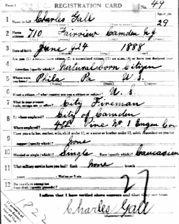 World War I draft card for Charles Gall, front