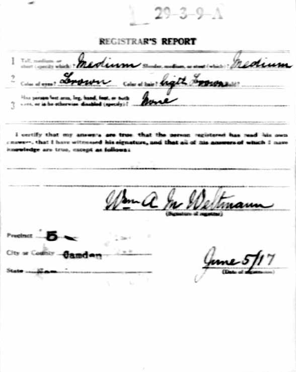 World War I draft card for Charles Gall, back