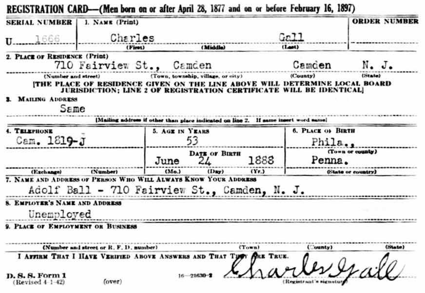 World War II draft card for Charles Gall