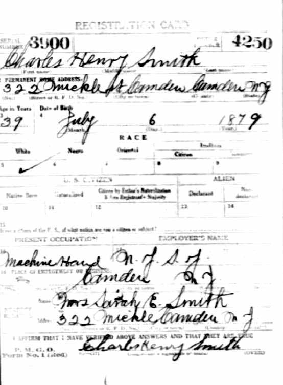 World War I draft registration card for Charles Henry Smith, front