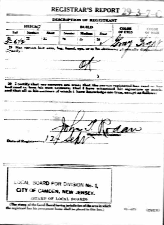 World War I draft registration card for Charles Henry Smith, back