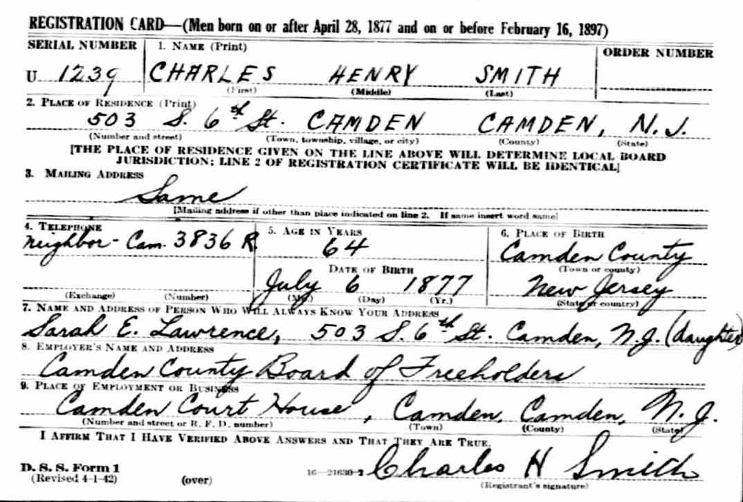World War II draft registration card for Charles Henry Smith