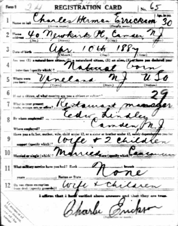 WWI Draft Registration Card — Charles Herman Erickson, 40 Newkirk Place, Camden NJ