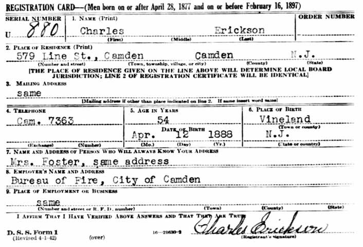 Charles H. Errickson World War II draft registration card