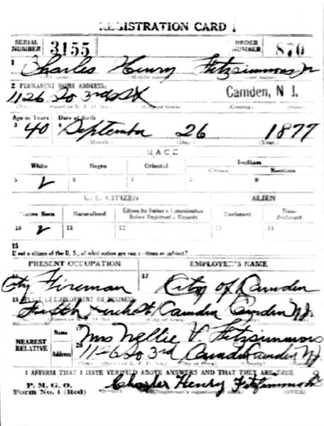Charles H. Fitzsimmons IV World War I Draft Card, page 1