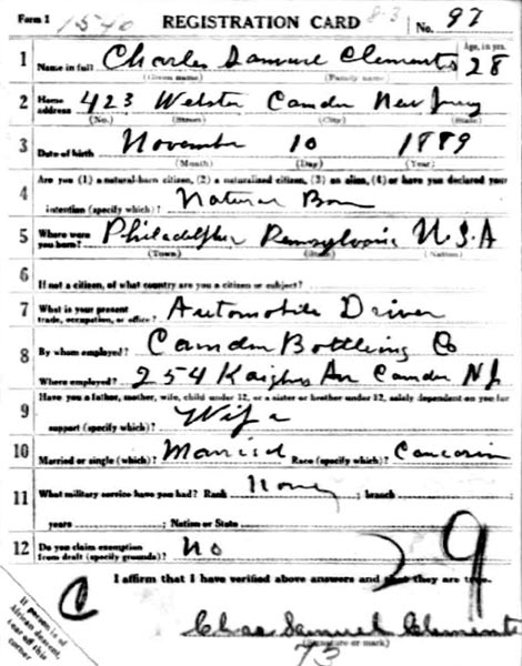 Charles S. Clements World War I Draft Card, front