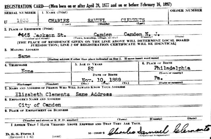 Charles S. Clements World War II Draft Card
