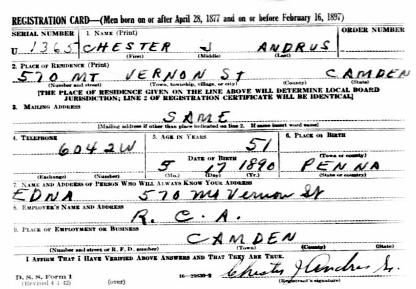 Chester J. Andrus World War II draft card