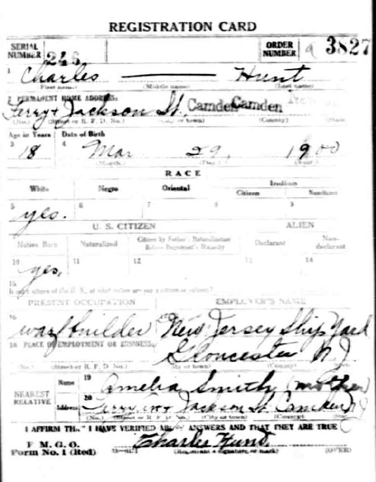 WWI draft registration card for Charles Chick Hunt, front