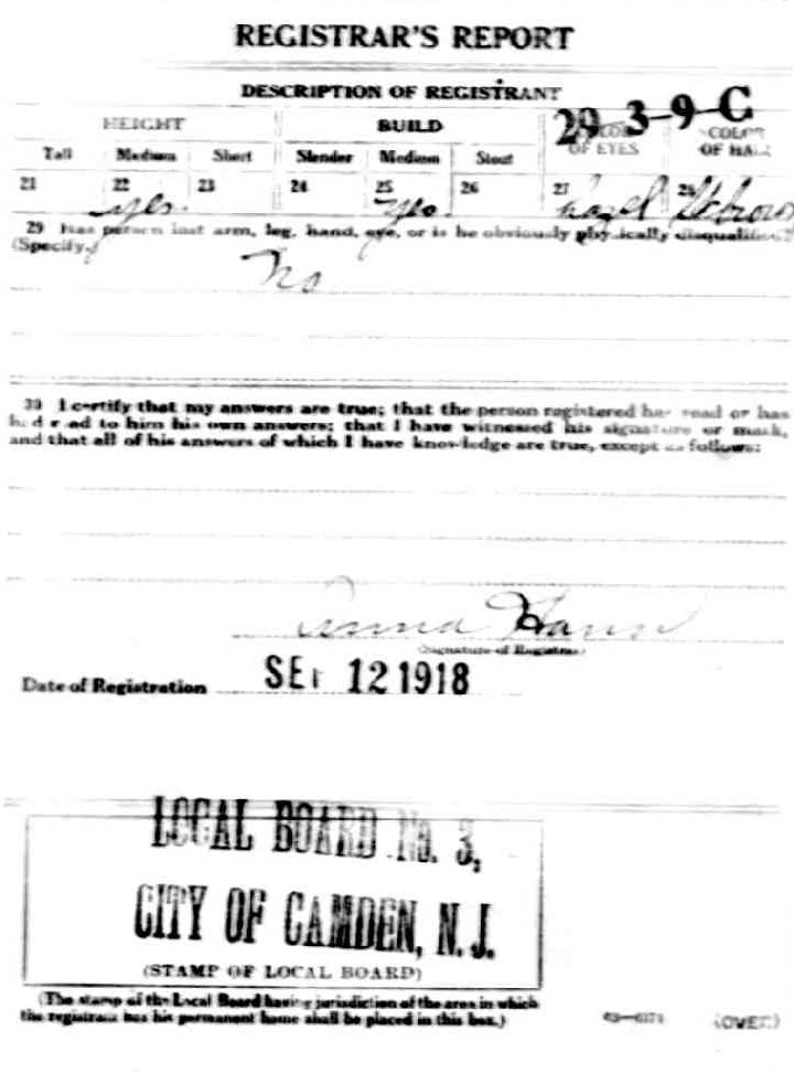 WWI draft registration card for Charles Chick Hunt, back