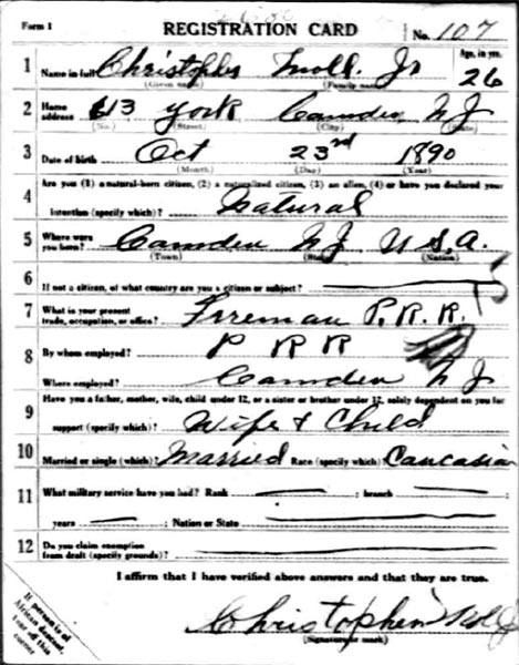 Christopher Moll Jr. World War I Draft Card, front