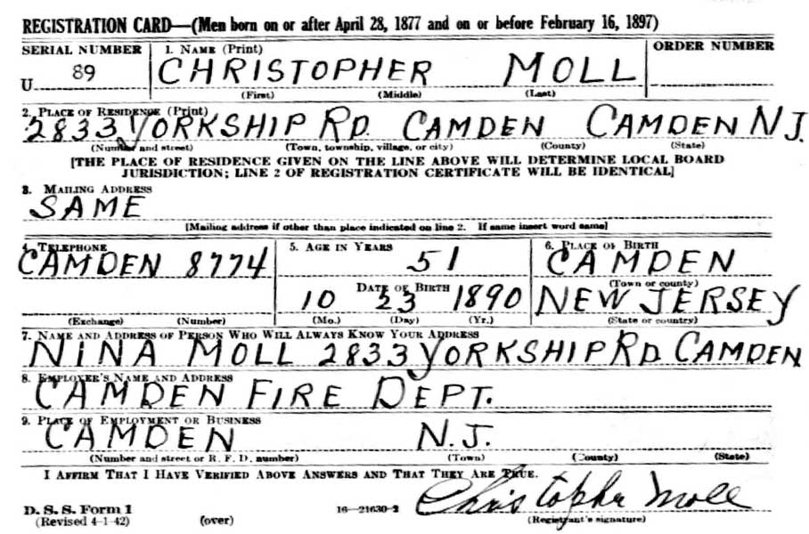 Christopher Moll Jr. World War II Draft Card