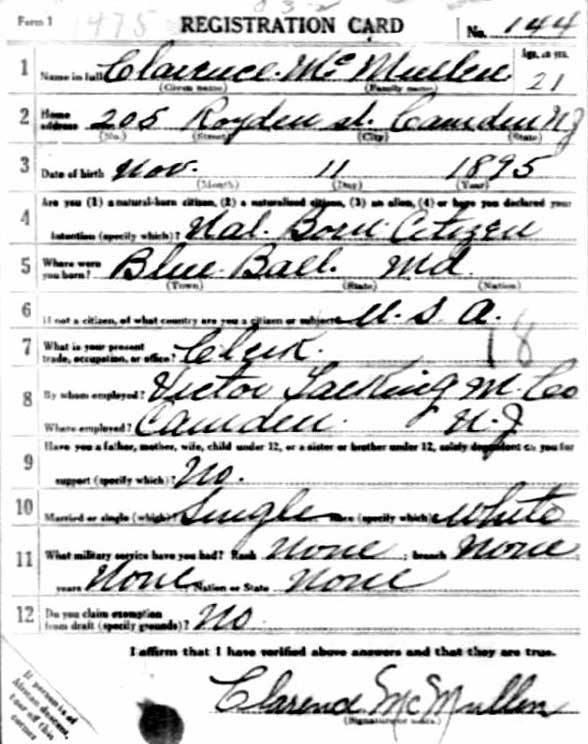 Clarence E. McMullen World War I draft card, front