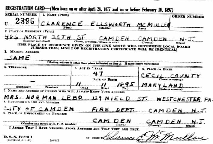 Clarence E. McMullen World War II draft card